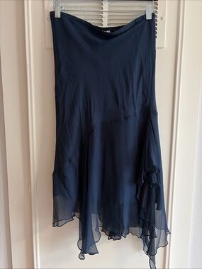 Navy Blue Asymmetrical Chiffon Midi Knee Length Fairy Whimsical Skirt Mesh Over